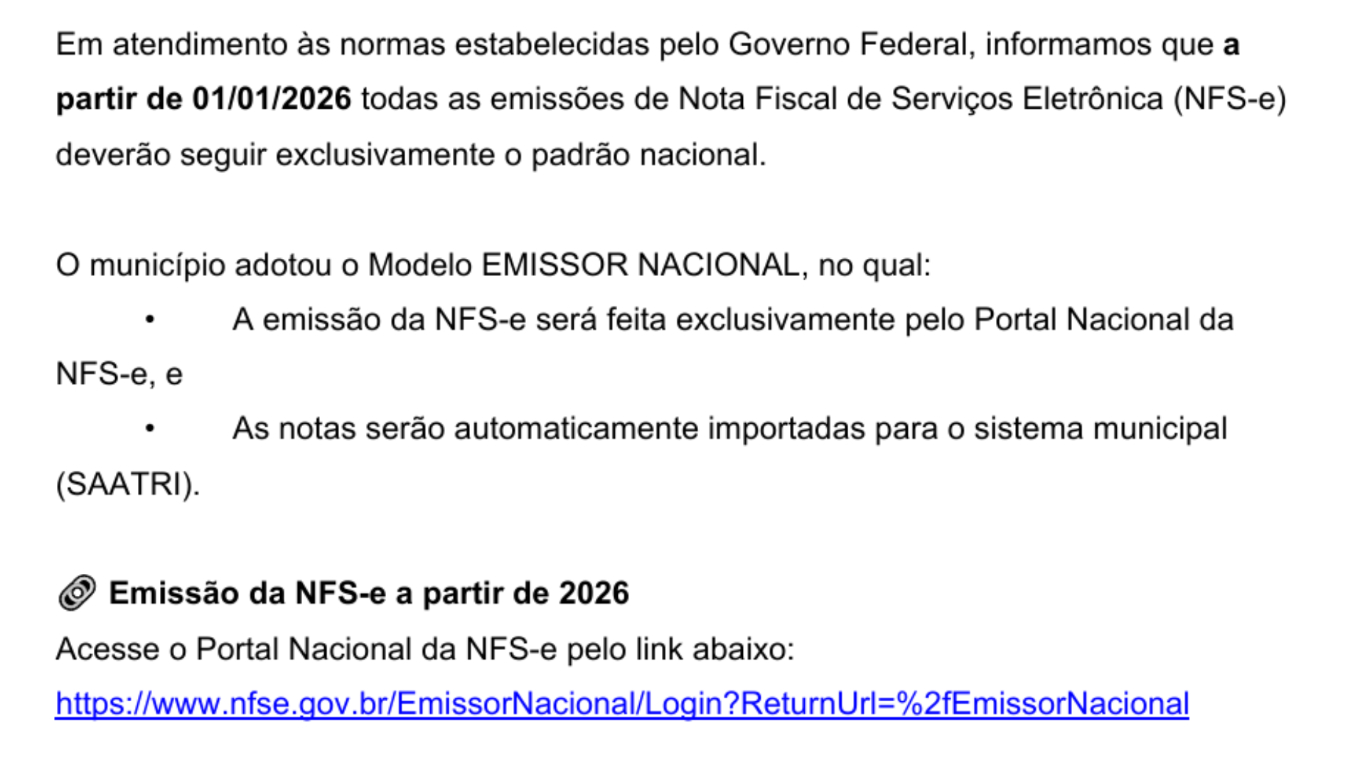 GESTÃO MUNICIPAL DIVULGA COMUNICADO PARA CONTRIBUINTES SOBRE A EMISSÃO DE NFS-E